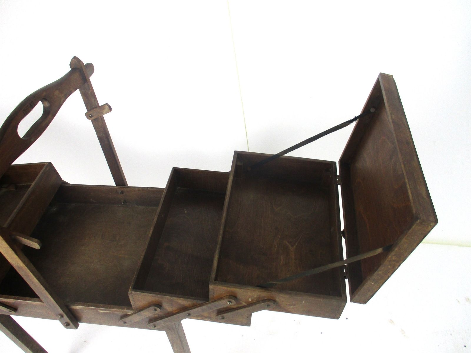 Large Art Deco Torck Wooden Sewing Box Basket Stand Signed Torck Accordion photo vintage