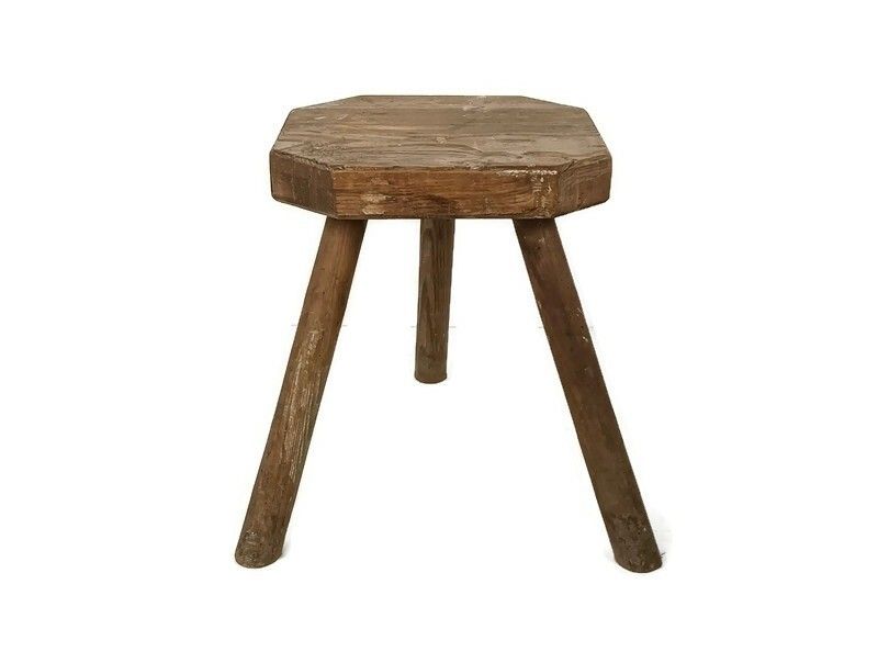 Antique Rustic Milking Stool Tripod Carved Wood Side Table Pedestal Plant Stand