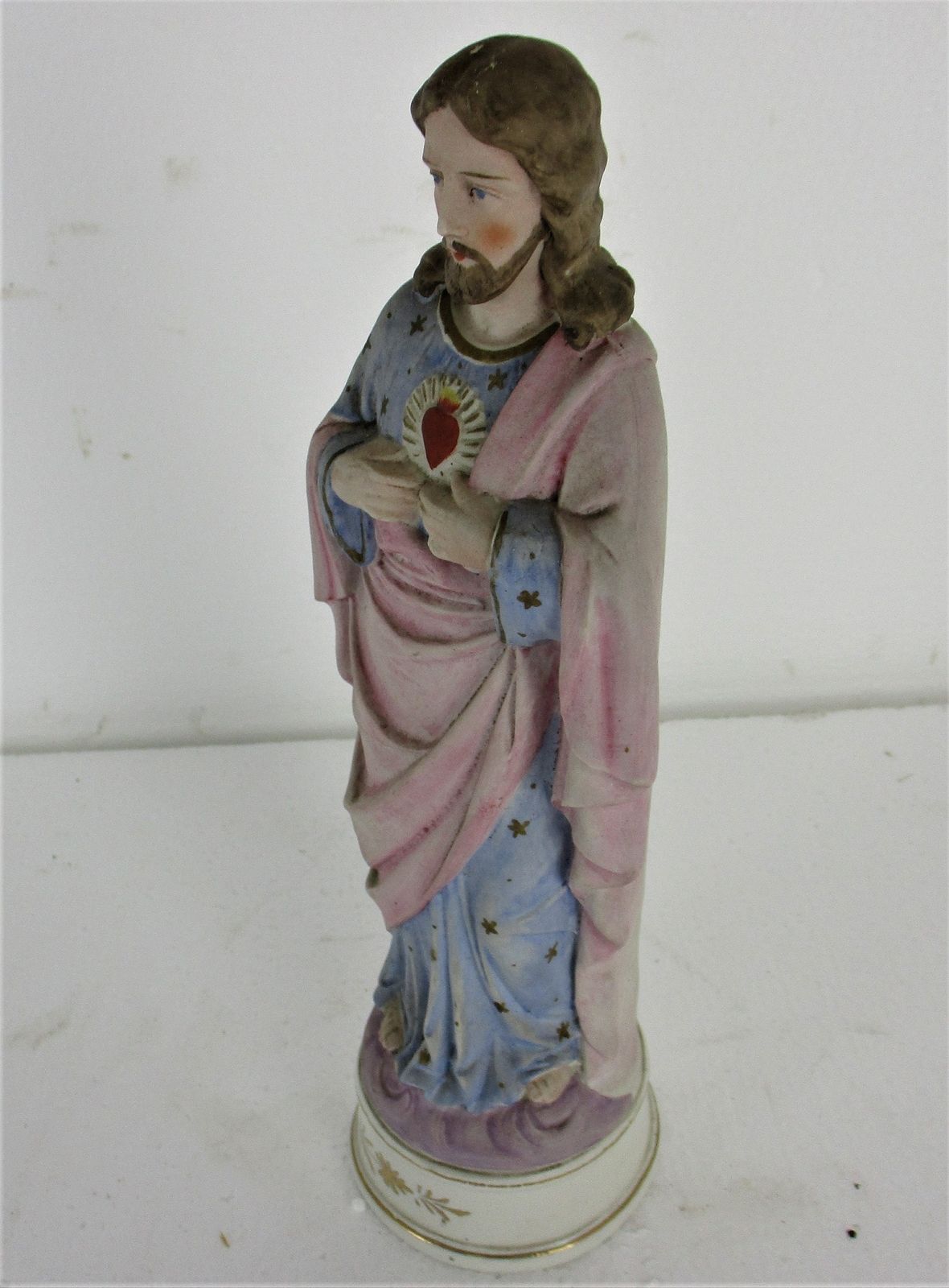 Vintage Statue Bisque Porcelain Jesus Christ Saviour Holy Sacred Heart Polychrom photo 125.0