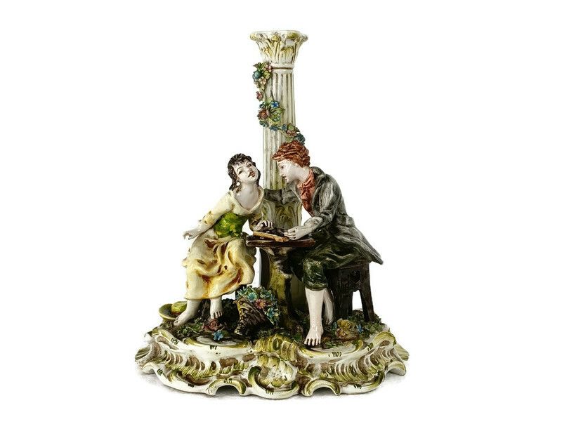 Figurine Statue  Capodimonte  Courting Couple Playing Chess  Marked Exquisite VI