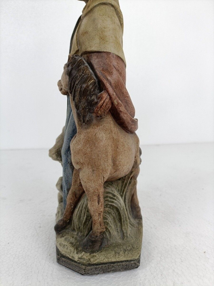 Saint Or Shepherd With Cow And Horse Statue Polychrome Stoneware photo buy