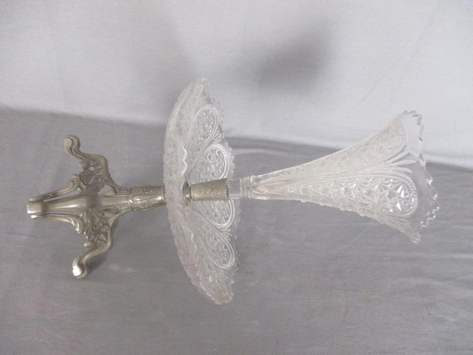 French  Epergne Trumpet Double Vase Clear Glass Center Table Piece Pique Fleur F photo 142.0