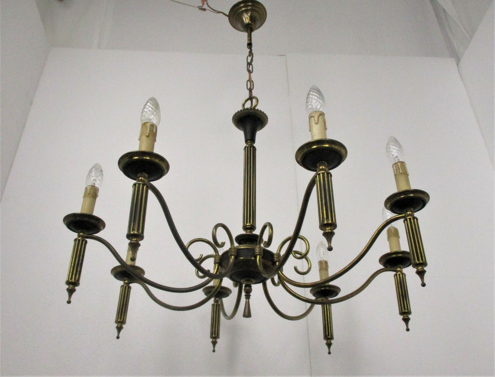 8 Arm Lights Pan Chandelier Revival French Empire Style Brass Ornate Antique photo for sale