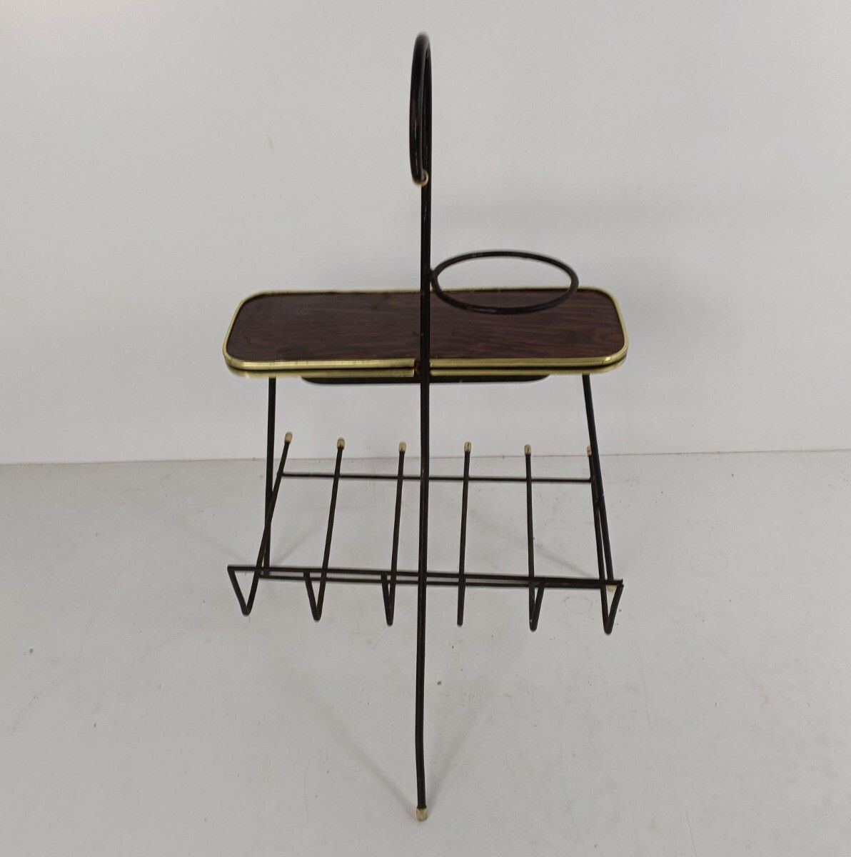 Funky Vintage Modernist Newspaper Basket Side Table Plant Stand Wrought Iron Ven photo 202.0
