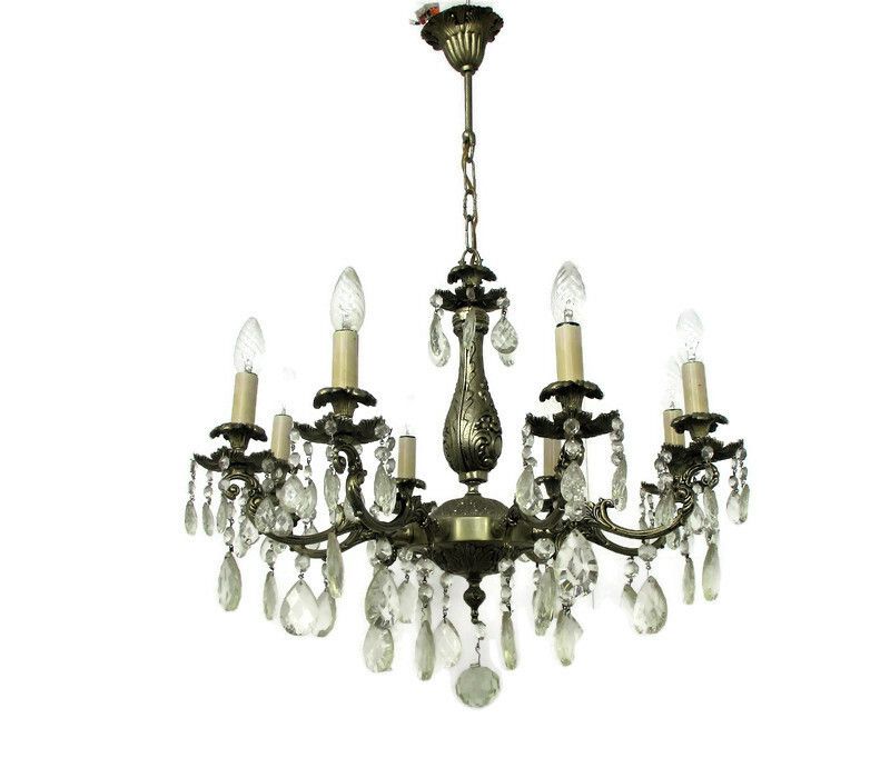 Vintage Chandelier 8 Lights Arms Art Glass Prisms Spelter Hollywood Regency