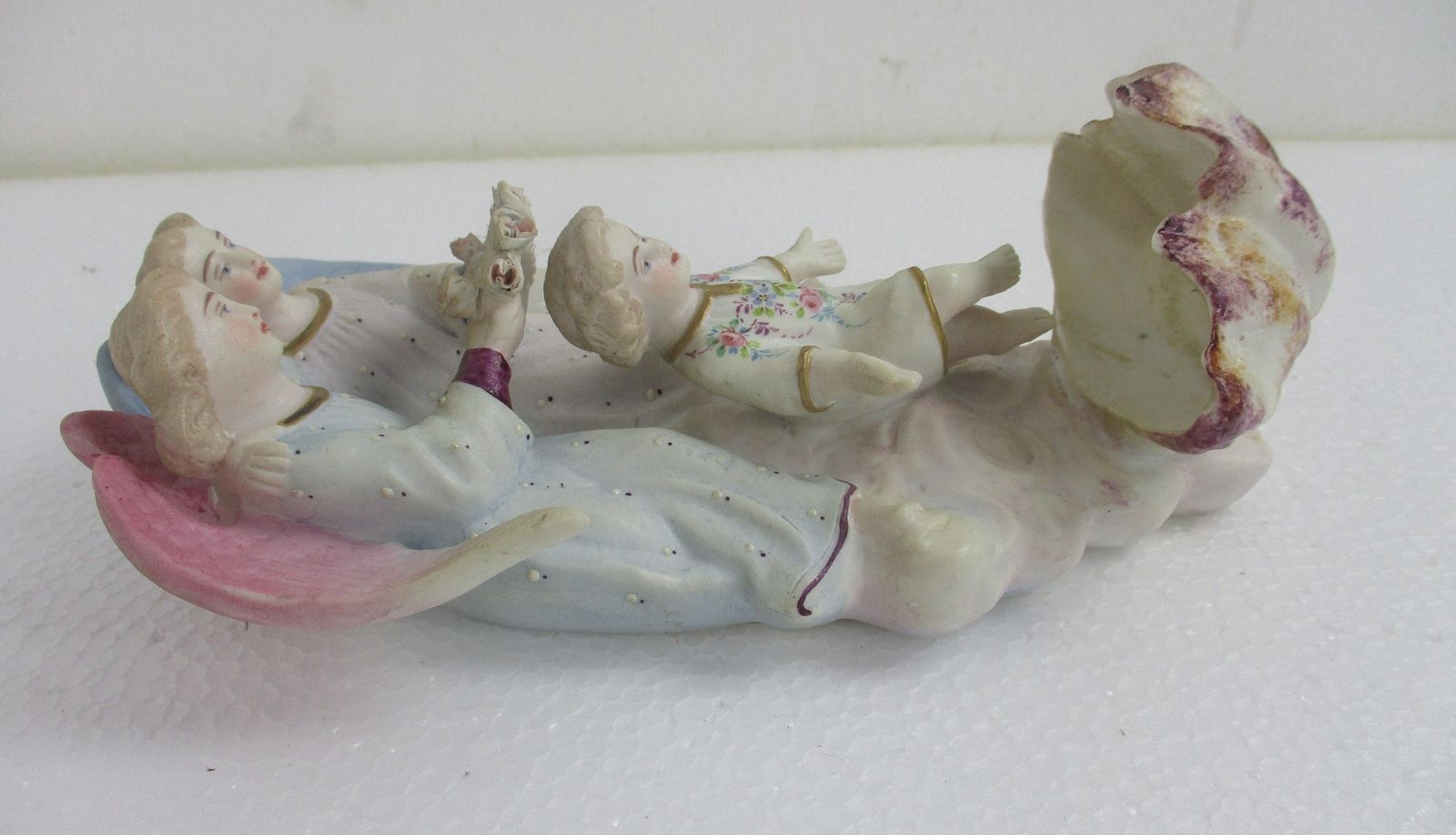 Stunning French Holy Water Font Vessel Infant Angels Flower Crown Bisque Htf photo vinterior