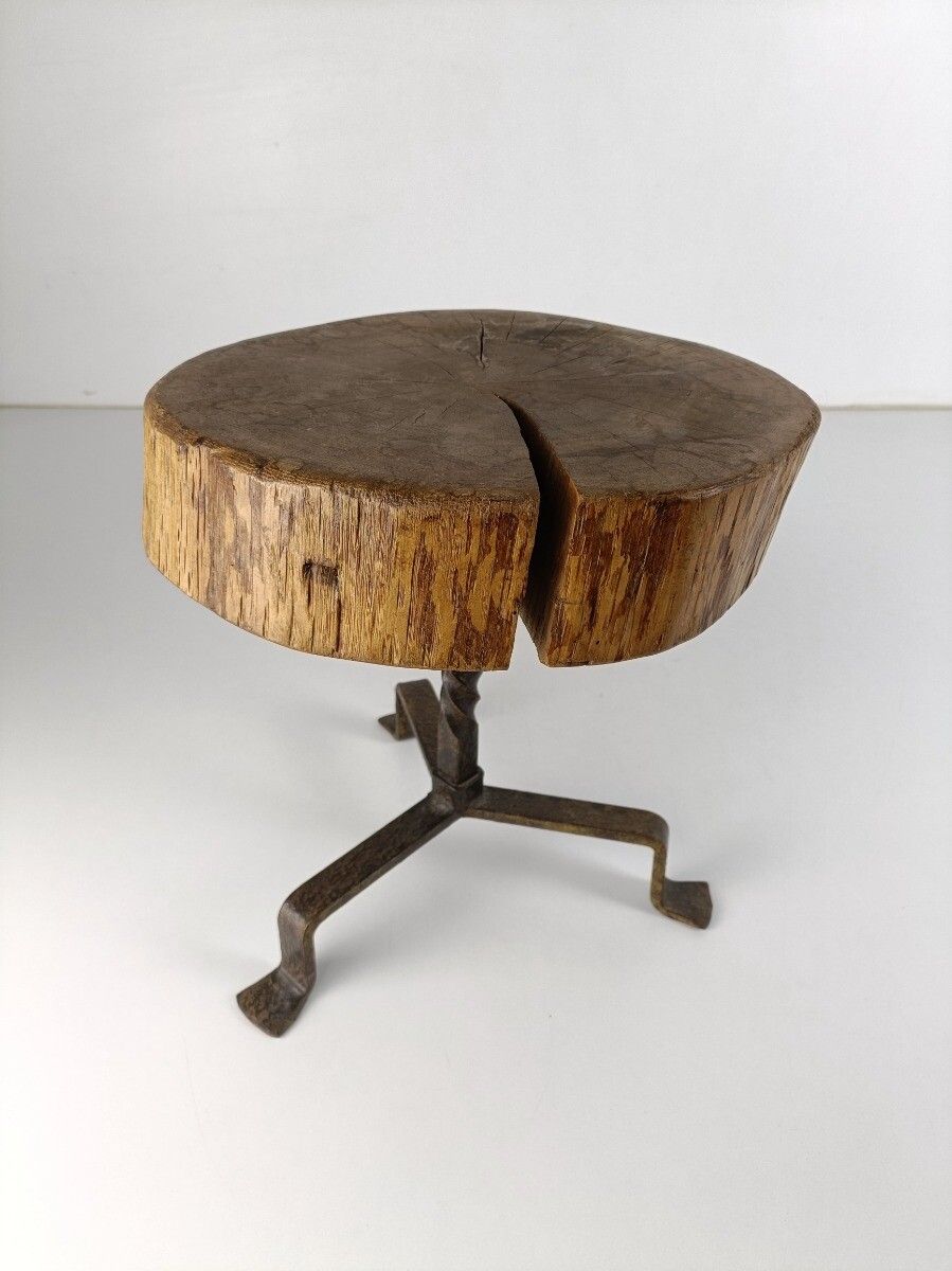 Milking Stool Thick Wood Wrought Iron Steampunk Funky Pedestal Plant Stand Franc photo furniture