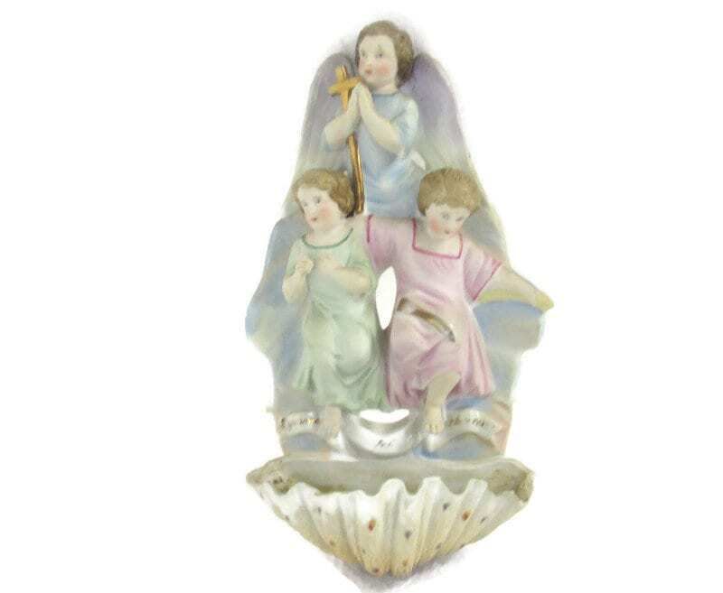 French Holy Water Font Vessel Infant Angels Jesus Christ Crucifix  Bisque Htf Lo
