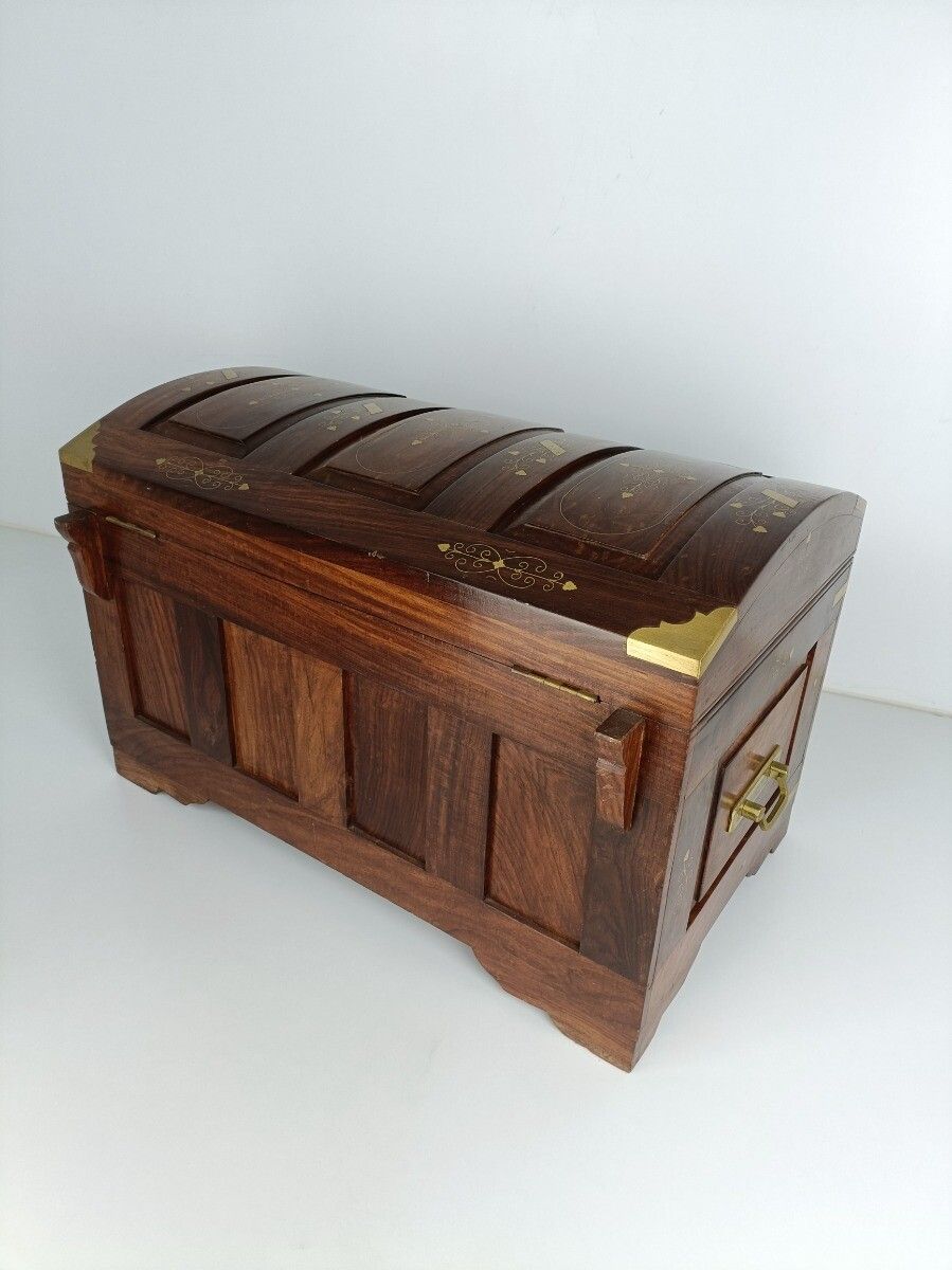Furniture Antique Wedding Chest Trunk  Ornate Hand Carved Wood Inlay  Brass Handles Tray W photo