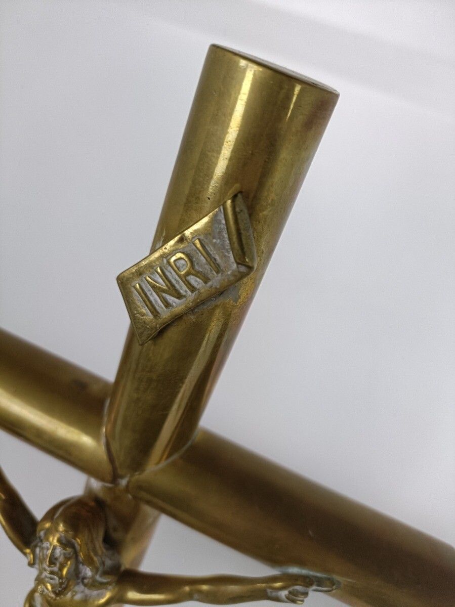 Large Ornate Brass Modernist Standing Crucifix Cross Corpus Christi Gorgeous photo furniture