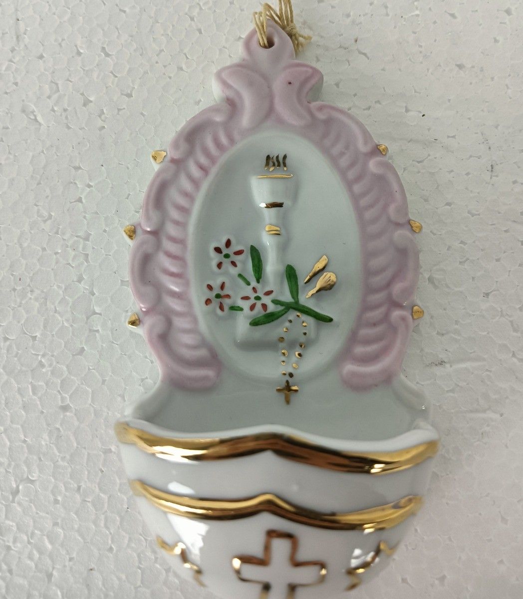 Sweet Little Antique Porcelain Holy Water Font Vessel Communion Wall Hanging photo Art