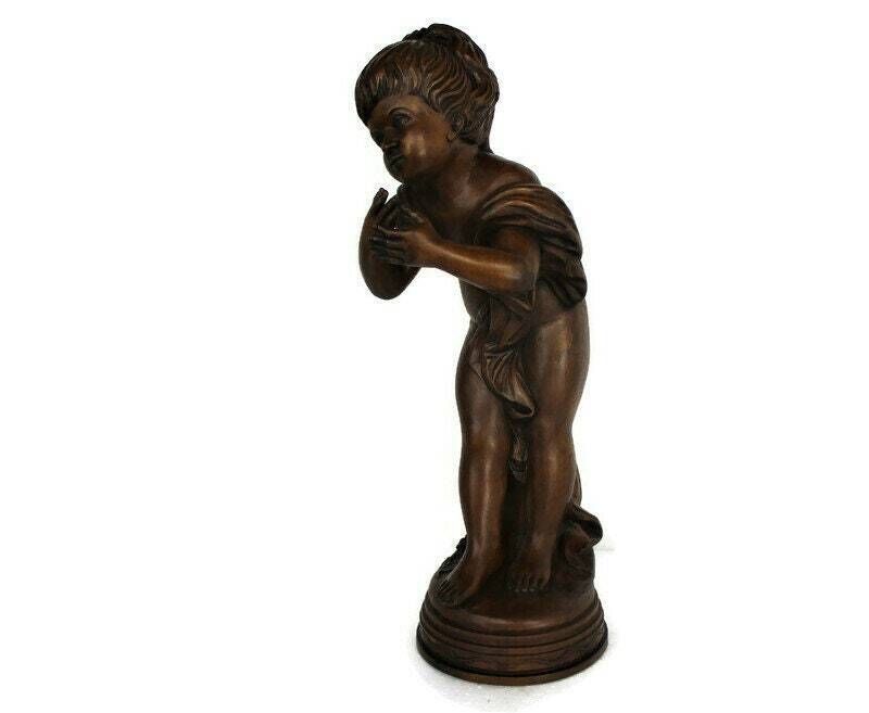 L Hand Carved Wood Statue Little Boy Cherub Putti Signed De Hondt Willy Piece Of