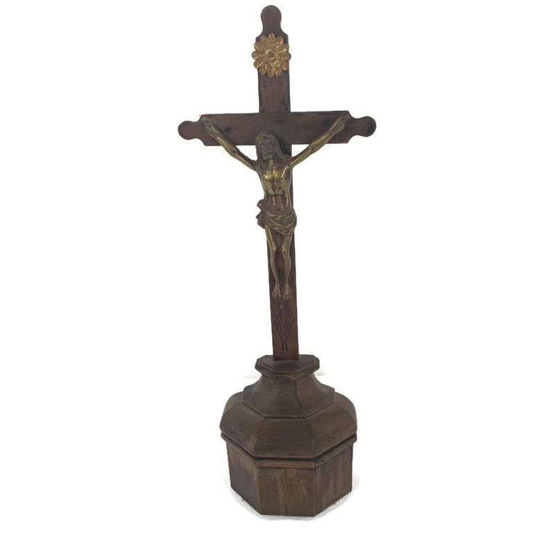 Standing Crucifix Cross Hand Carved Wood Brass Corpus French Magnificent  Antiq