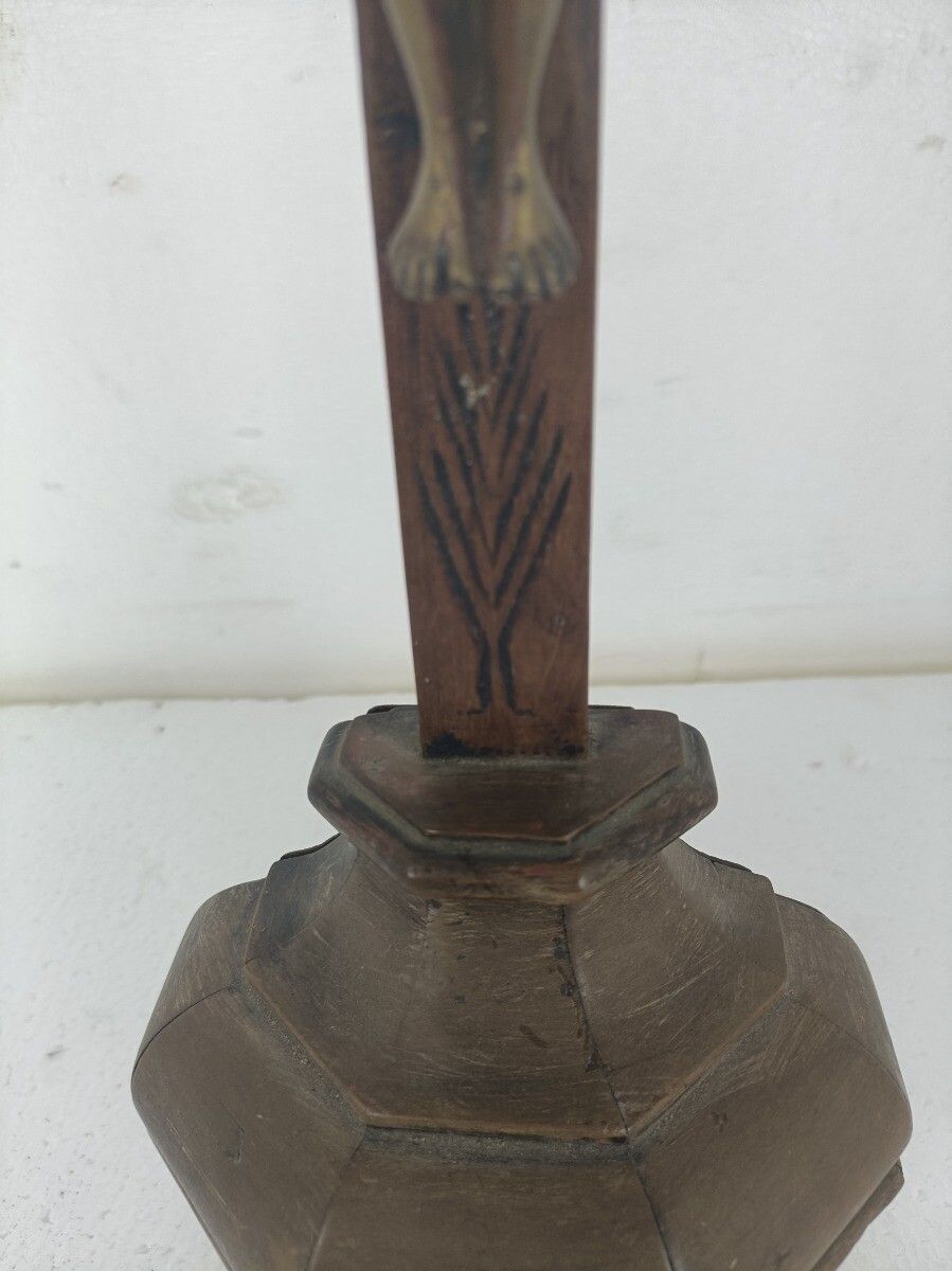 Standing Crucifix Cross Hand Carved Wood Brass Corpus French Magnificent  Antiq photo 404.0