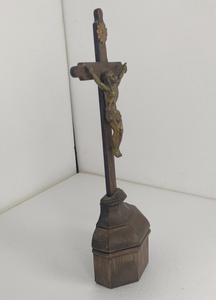 Standing Crucifix Cross Hand Carved Wood Brass Corpus French Magnificent  Antiq photo buy