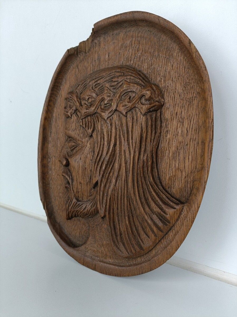 Oval Hand Carved Wood Panel Plaque Christ  Jesus Ornate Bas Relief Oak Antique photo Art