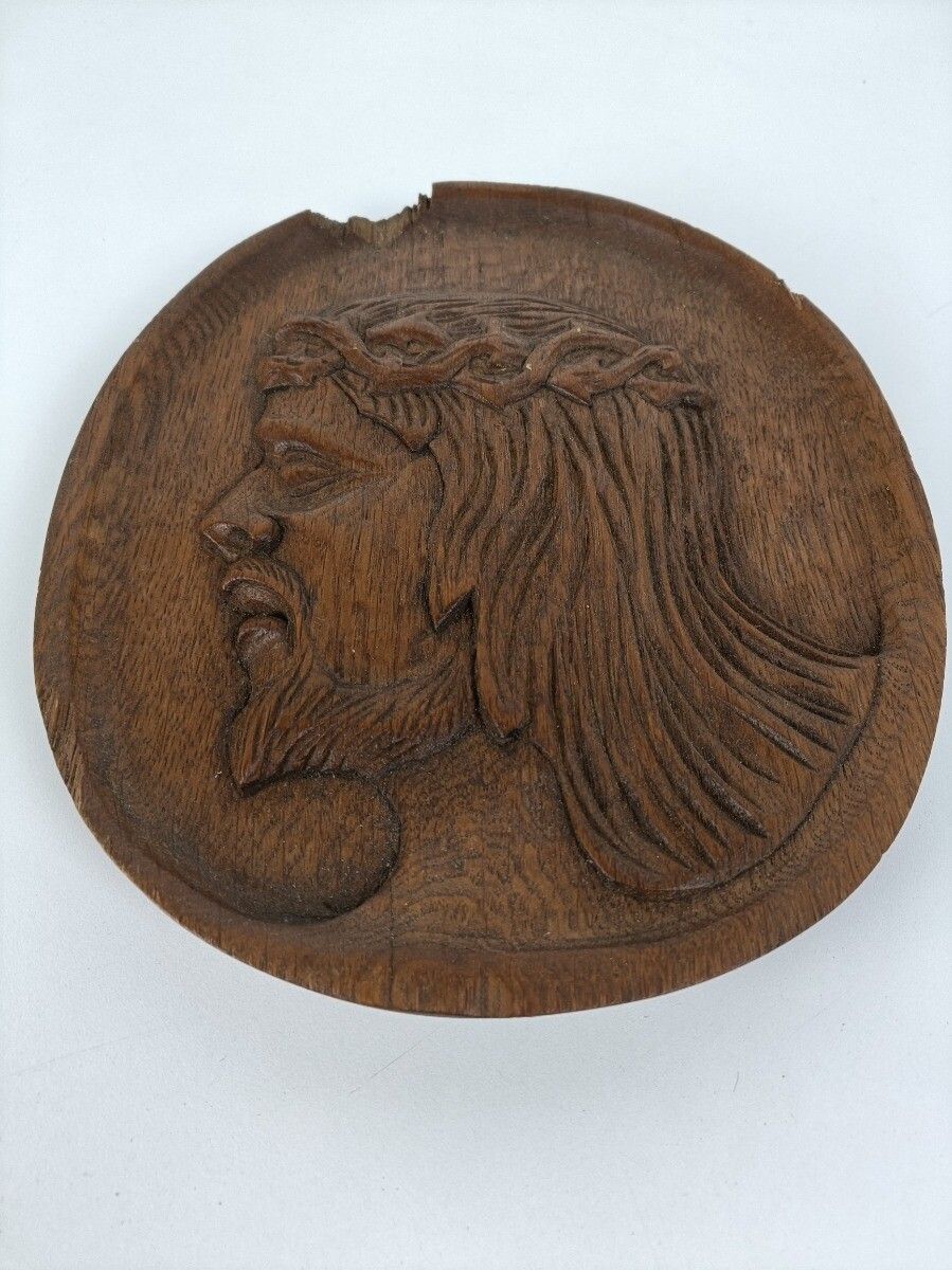 Oval Hand Carved Wood Panel Plaque Christ  Jesus Ornate Bas Relief Oak Antique photo buy