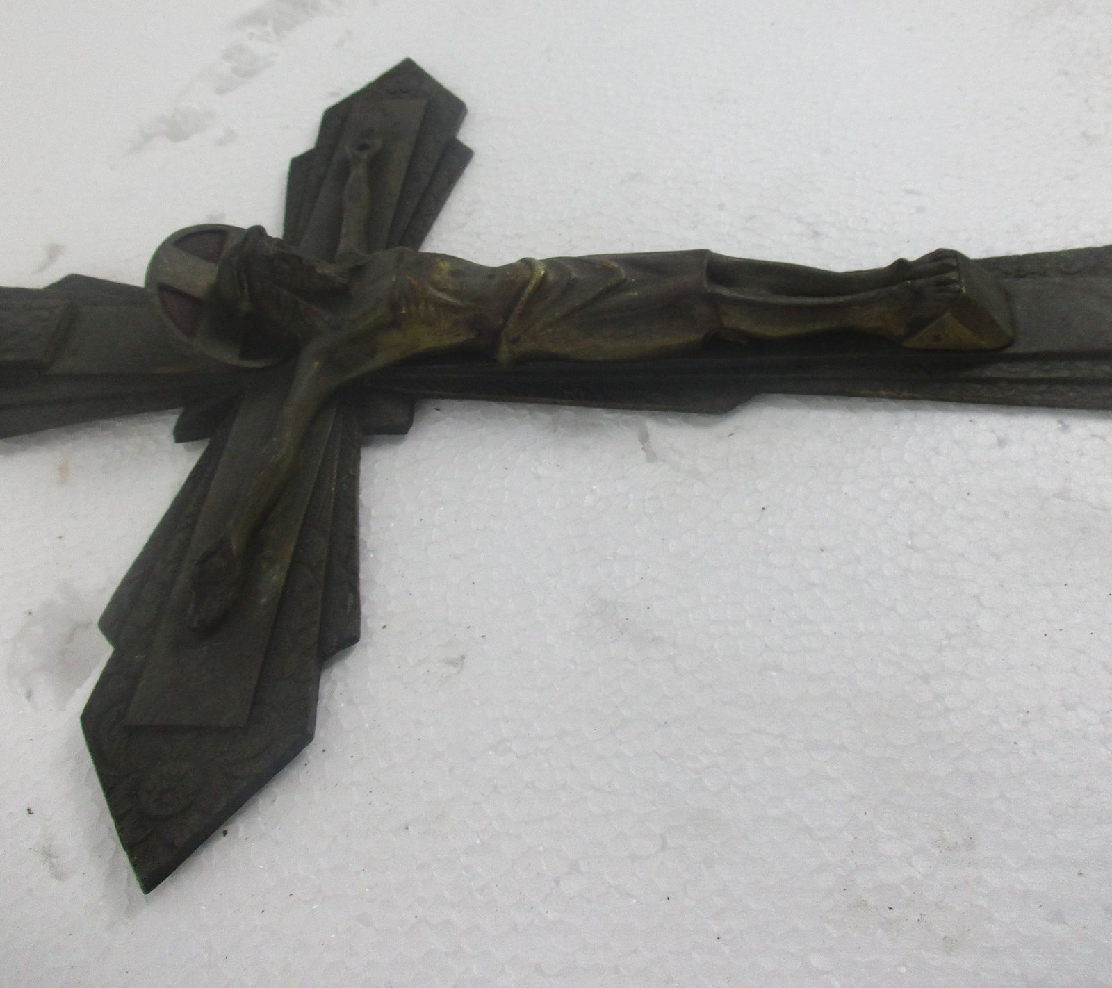 Vintage Ornate Brass Red Enamel Wall Hanging Crucifix French Large 16.53" photo for sale
