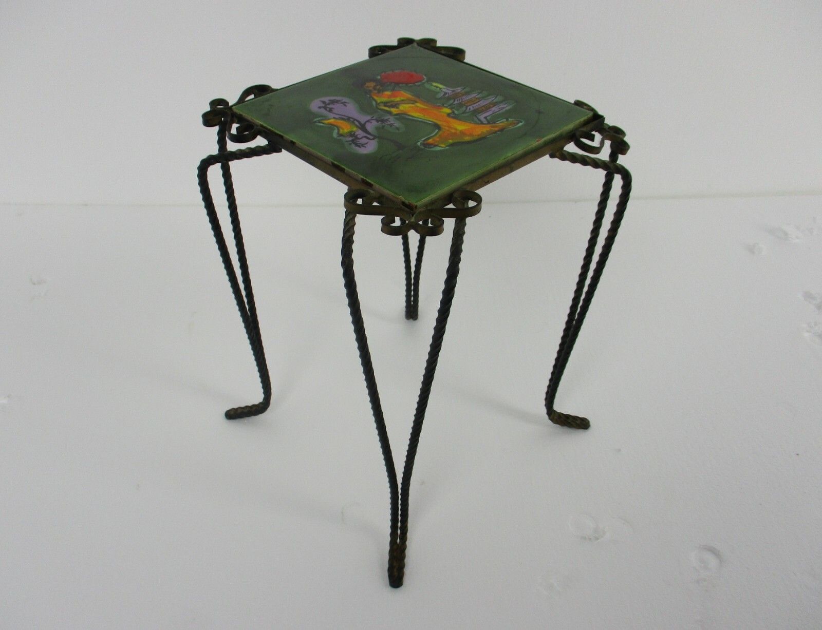 Vintage Side Table Plant Stand Ceramic Tiles Geisha Italy  Wrought Iron Funky photo for sale
