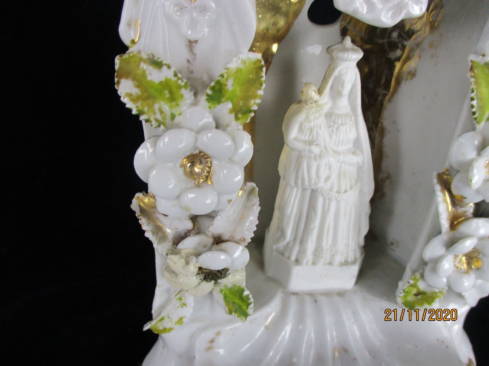 French Standing Holy Water Font Vessel Bisque Porcelain Virgin & Infant Madonna photo for sale