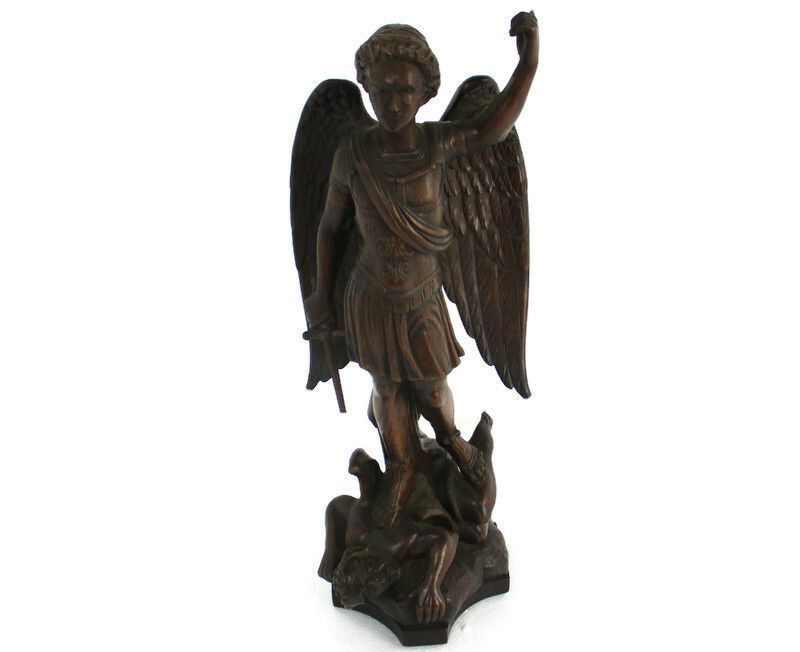 Statue  Archangel Guardian Michael Slaying The Dragon Antique Hand Carved Wood