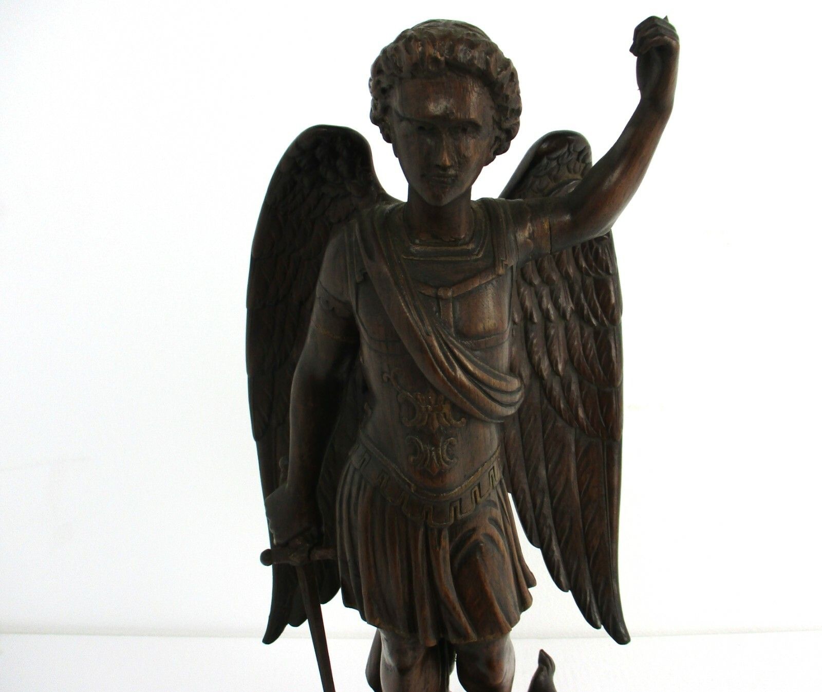 Statue  Archangel Guardian Michael Slaying The Dragon Antique Hand Carved Wood photo furniture