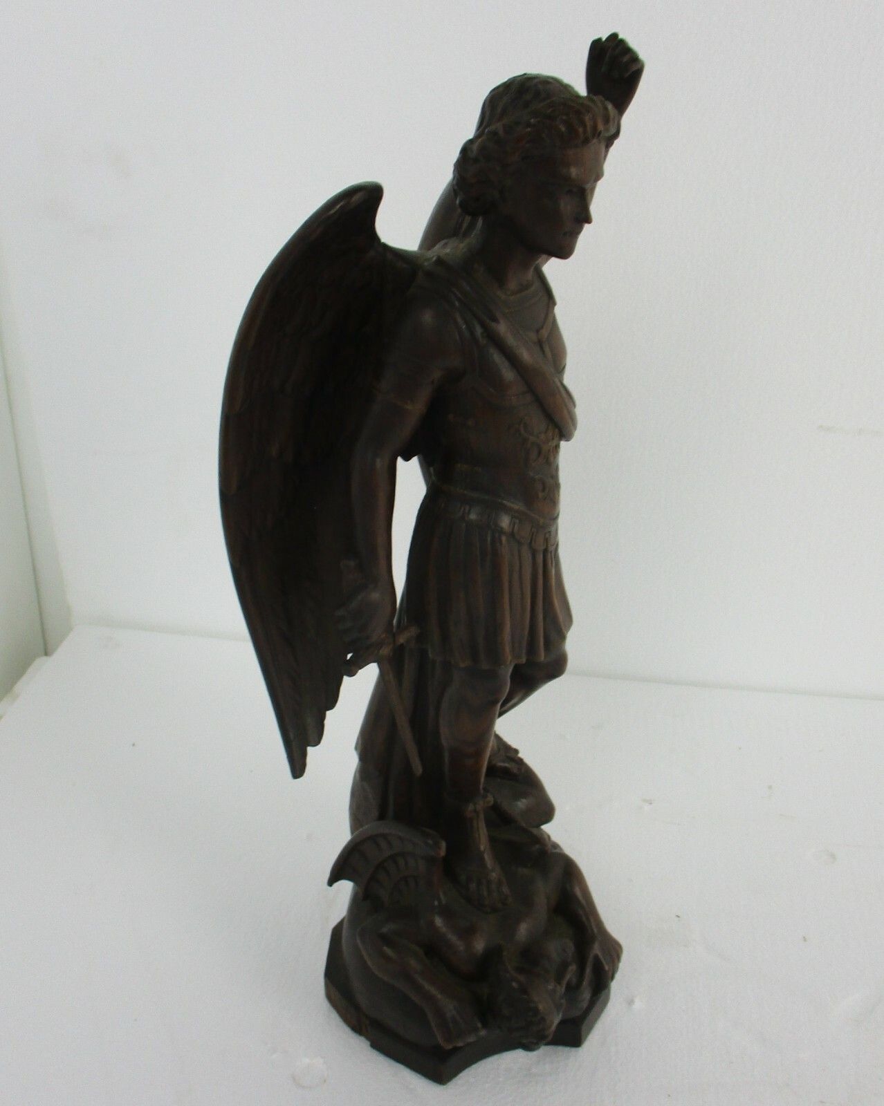Statue  Archangel Guardian Michael Slaying The Dragon Antique Hand Carved Wood photo 1706.0