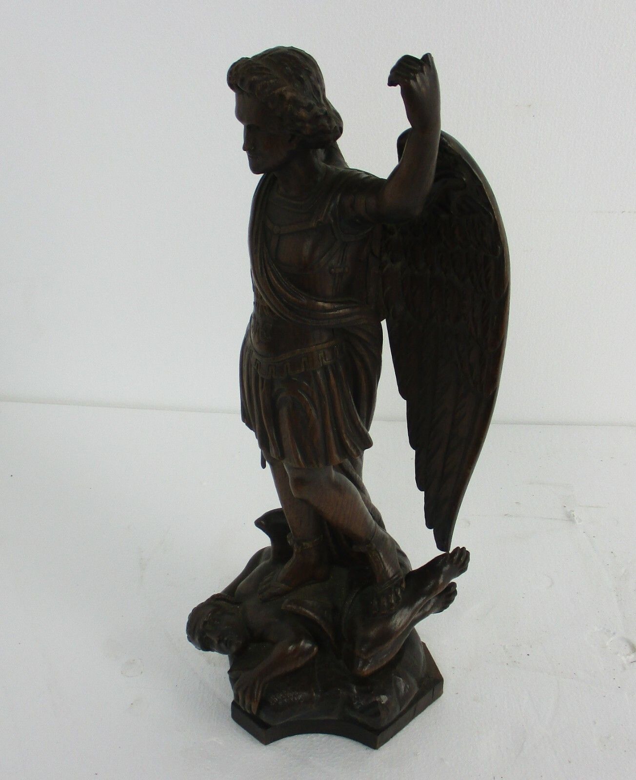 Statue  Archangel Guardian Michael Slaying The Dragon Antique Hand Carved Wood photo vinterior