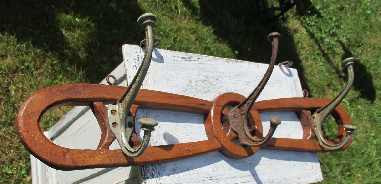 Vintage Coat Rack Kitchen Rack 3 Iron Hooks Industrial Style Wood photo for sale