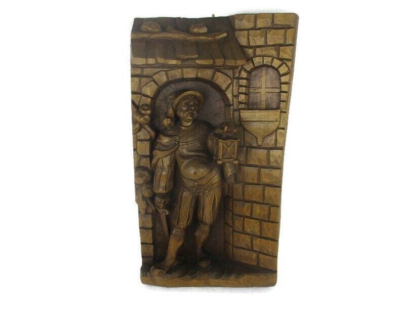 L Hand Carved Wooden High Relief Wall Plaque Hanging Lantern Bearer Sculpture