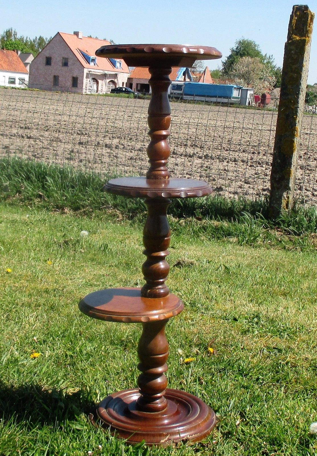 3 Tier Pedestal Table Plant Stand Carved Twisted Wood Beautiful 35.03" photo furniture