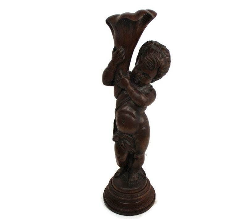 L Hand Carved Wood Statue Little Boy Cherub Putti Signed De Hondt Willy Piece Of