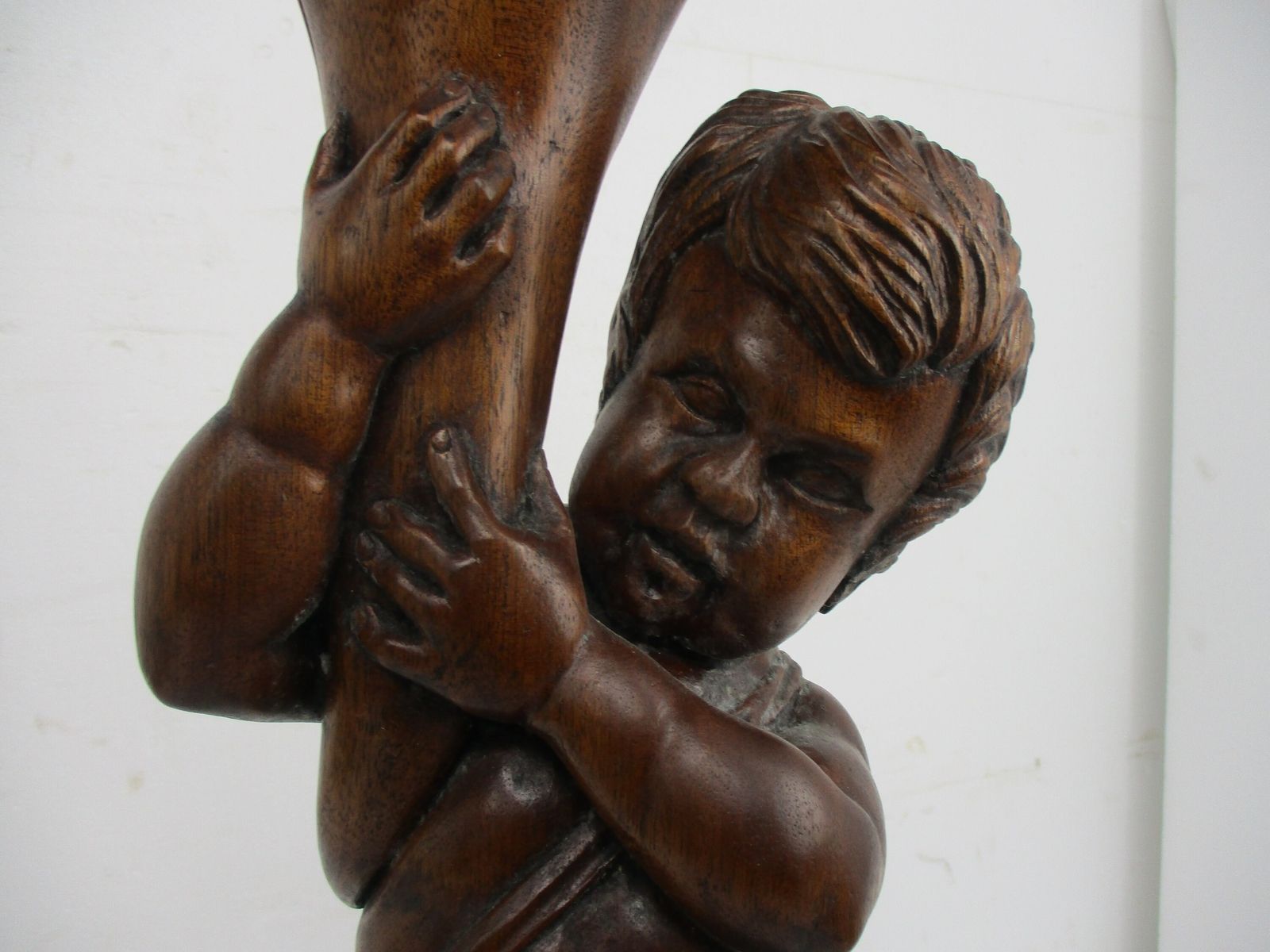L Hand Carved Wood Statue Little Boy Cherub Putti Signed De Hondt Willy Piece Of photo furniture