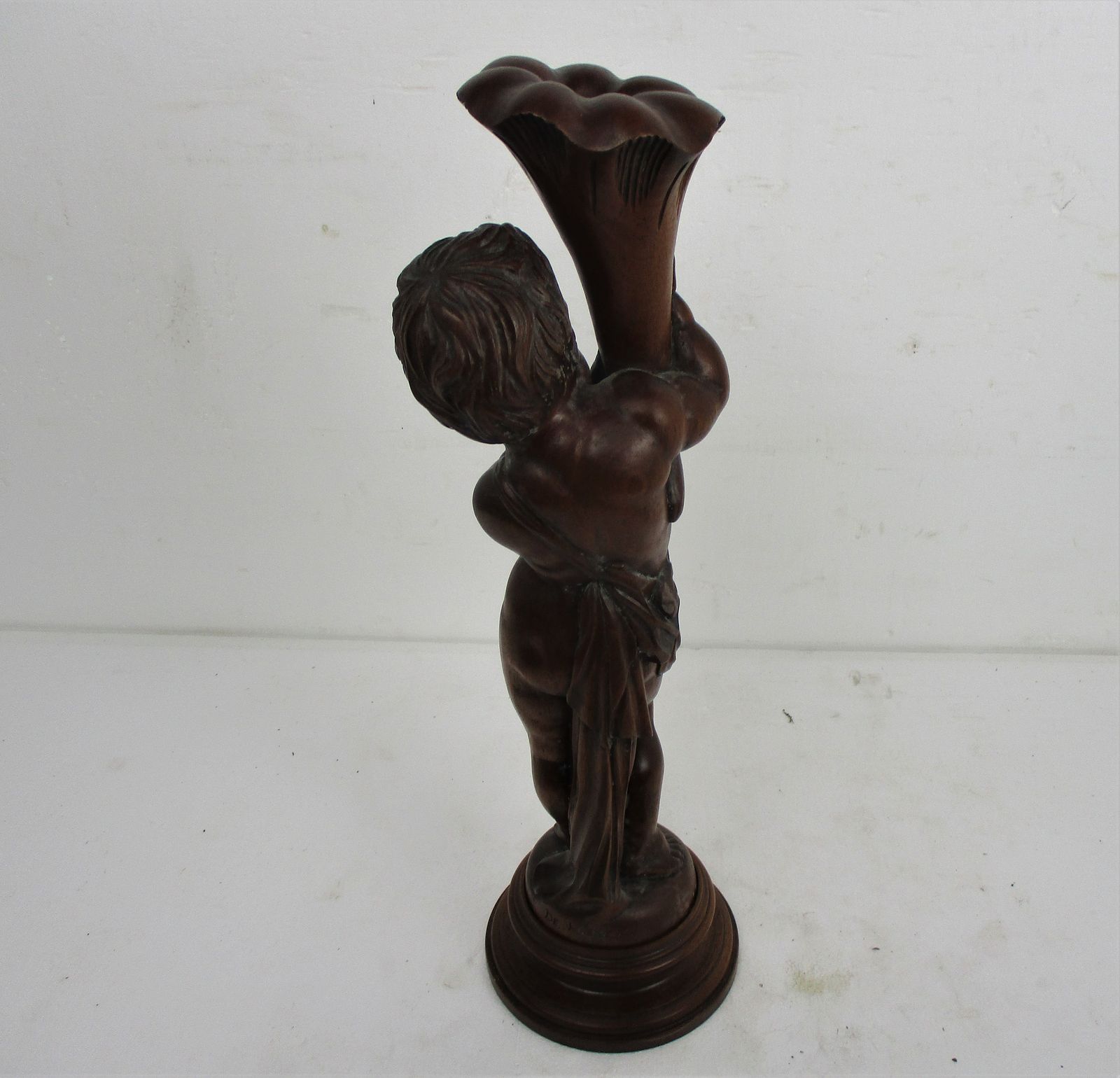 L Hand Carved Wood Statue Little Boy Cherub Putti Signed De Hondt Willy Piece Of photo vintage