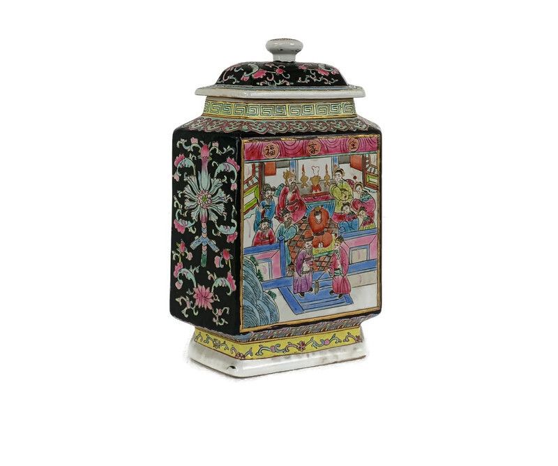 Hexagonal Jar Vase Lidded 19th Century Chinese Family Noir Hand Painted