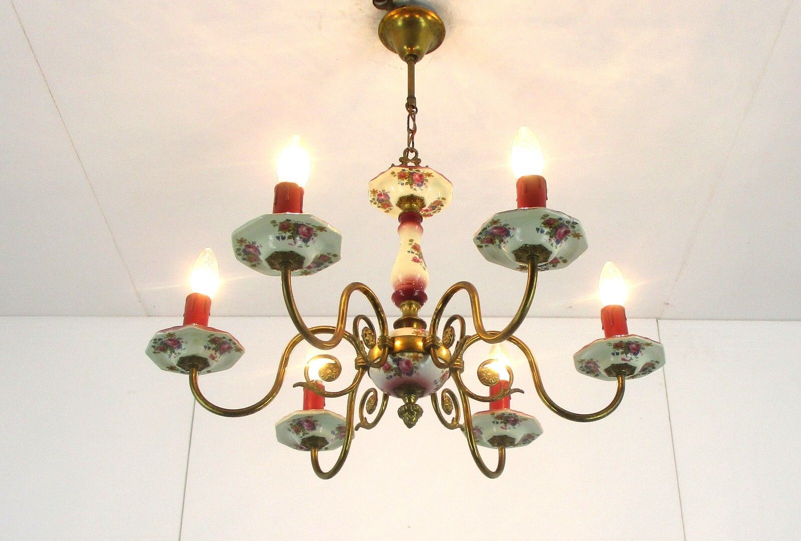 Chandelier 6 Arms Lights Ceramic Porcelain Ceramic Brass Italian Pink  Flowers photo furniture