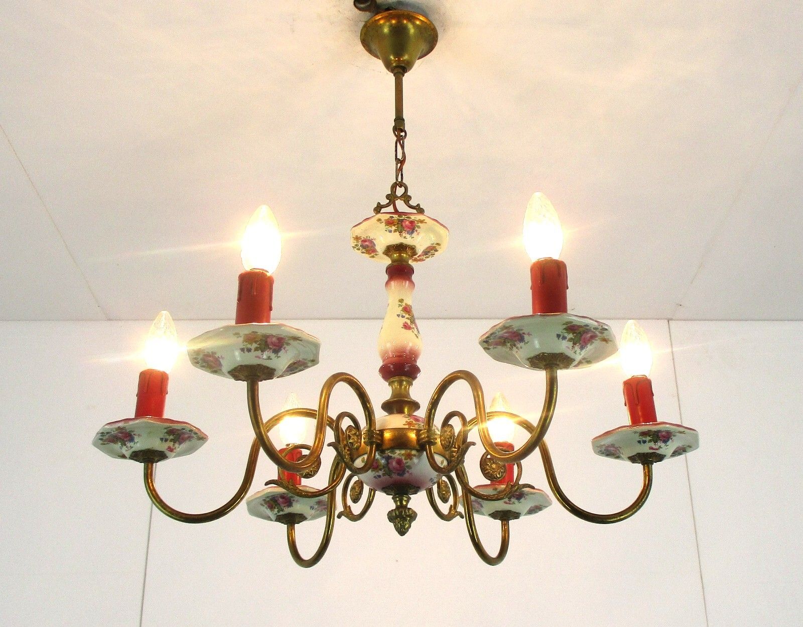 Chandelier 6 Arms Lights Ceramic Porcelain Ceramic Brass Italian Pink  Flowers photo for sale