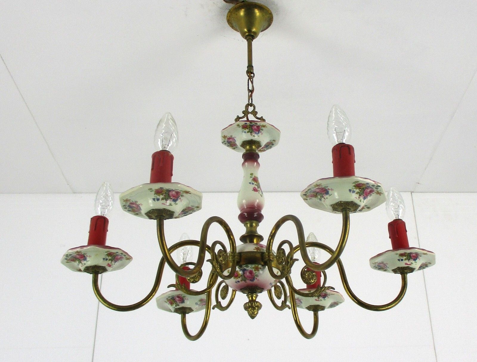 Chandelier 6 Arms Lights Ceramic Porcelain Ceramic Brass Italian Pink  Flowers photo 427.0