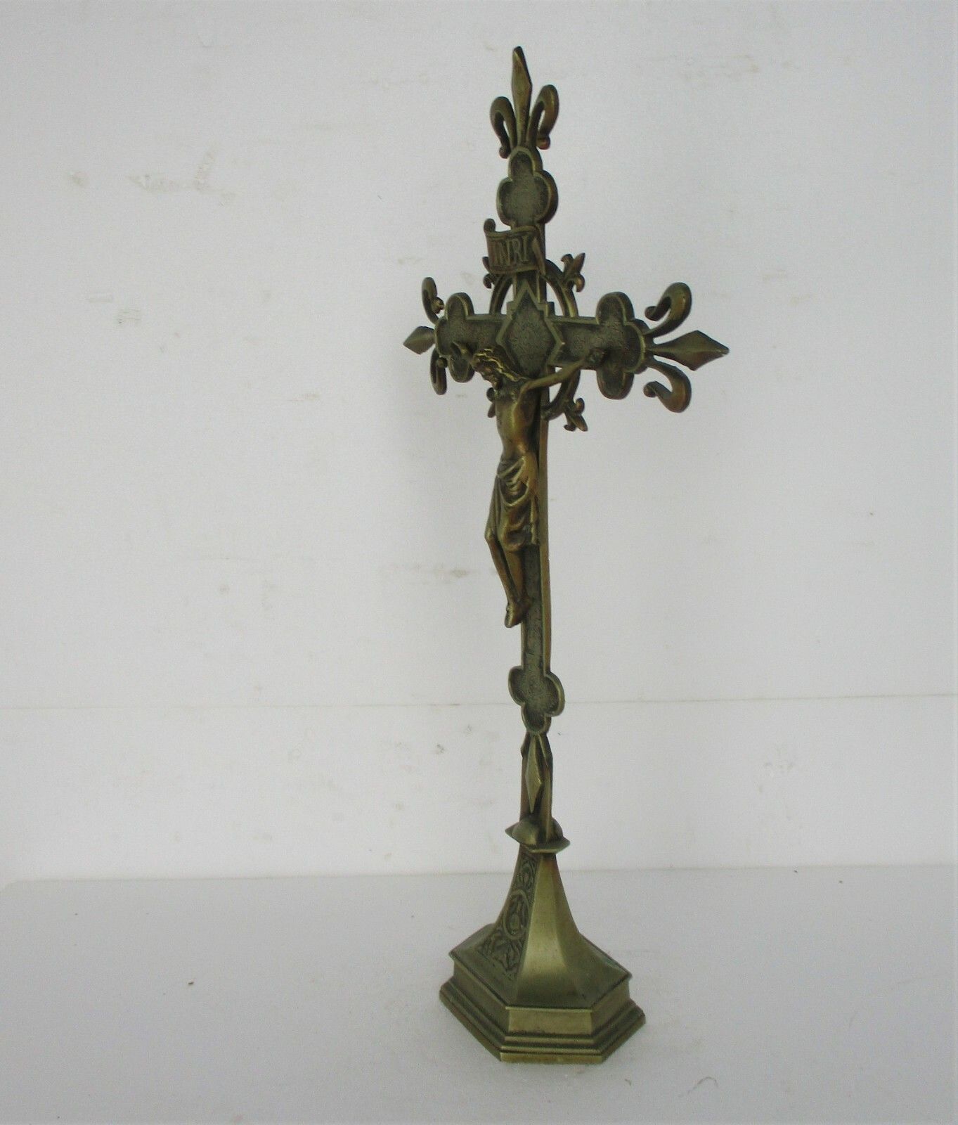 Xl French  Standing Altar Church Chapel Crucifix Cross Ornate Brass Fleur De Lis photo buy