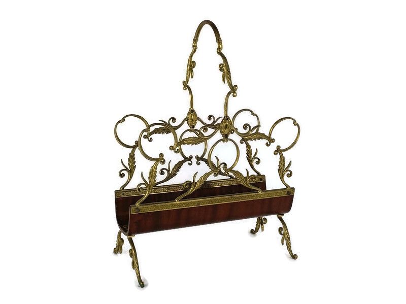 Vintage Mid Century Modern Magazine Newspaper Basket Ornate Brass Wood Hollywood