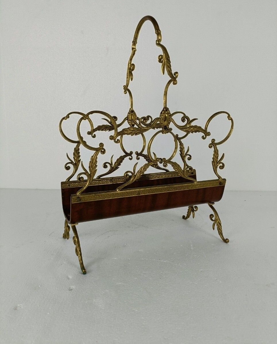 Vintage Mid Century Modern Magazine Newspaper Basket Ornate Brass Wood Hollywood photo furniture