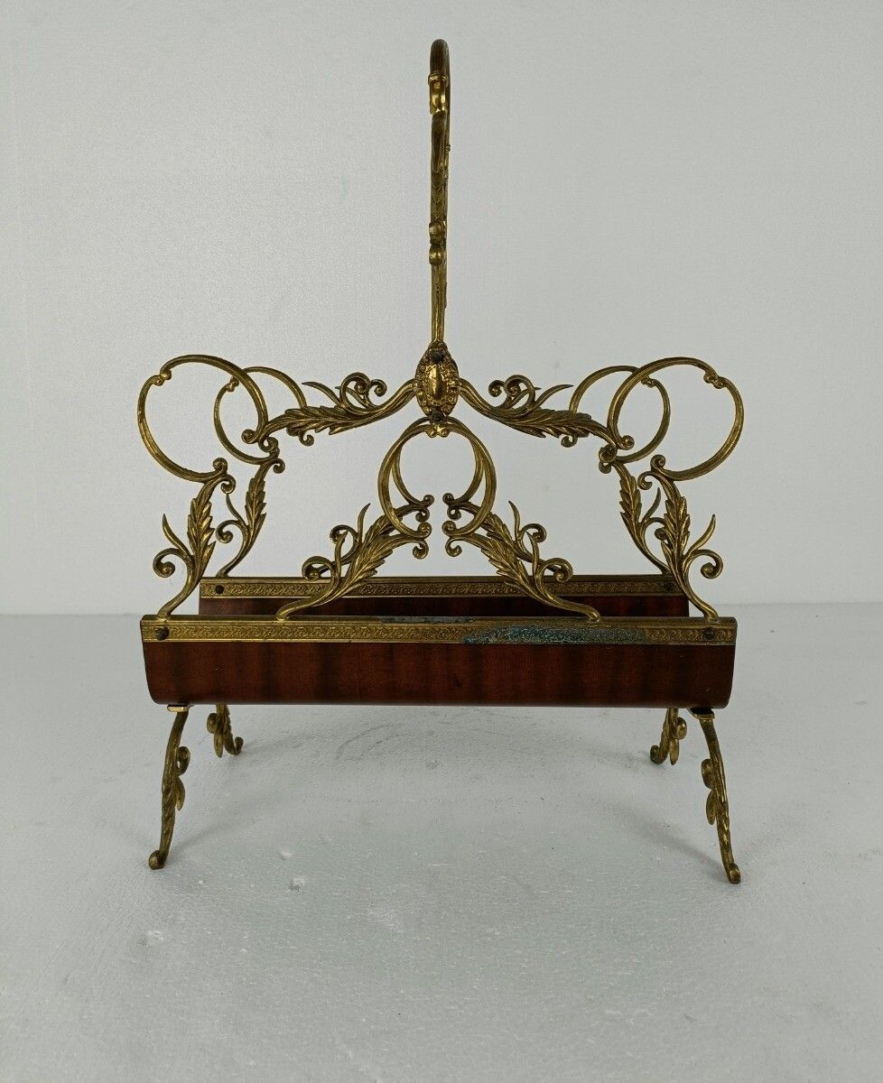 Vintage Mid Century Modern Magazine Newspaper Basket Ornate Brass Wood Hollywood photo Home Decor
