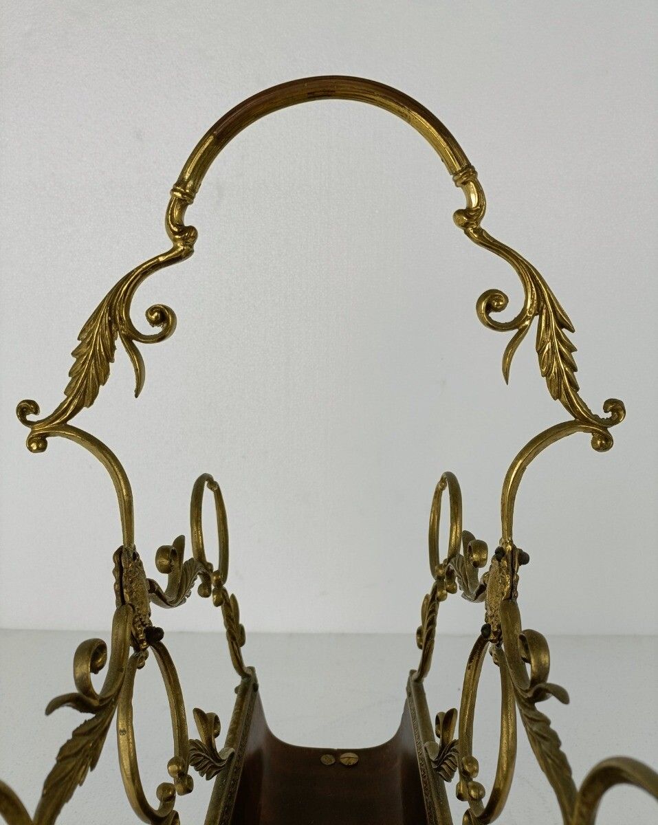 Vintage Mid Century Modern Magazine Newspaper Basket Ornate Brass Wood Hollywood photo vinterior