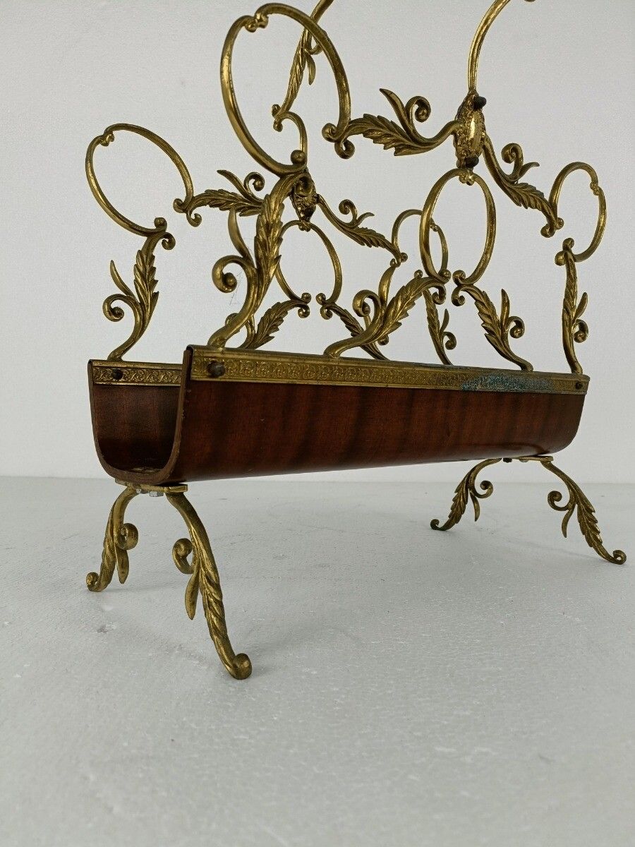 Vintage Mid Century Modern Magazine Newspaper Basket Ornate Brass Wood Hollywood photo buy