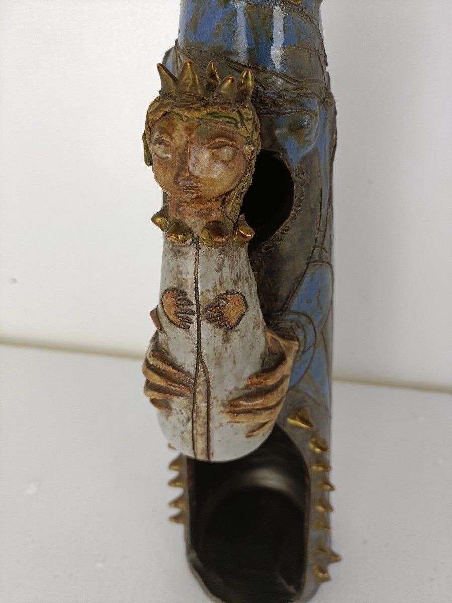 Vintage Statue Sculpture Terra Cotta Pottery Glazed Polychrome Virgin Mary Madon photo Art