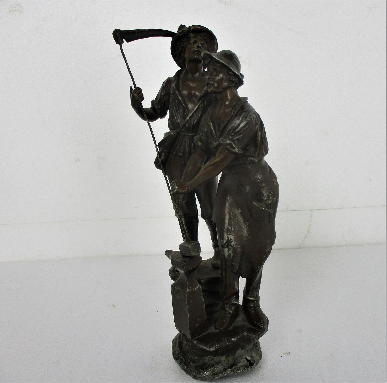 Sculpture Statue Spelter 2 Working Men Blacksmith Scythe Art Deco Figurine 14.56 photo for sale
