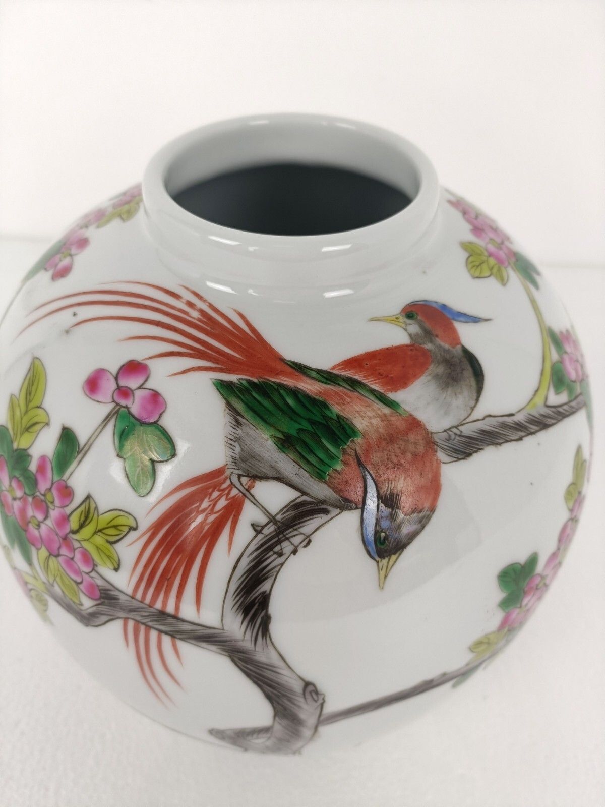 Chinese Porcelain Vintage Family Rose Vase Polychrome Birds Ginger Jar No Lid photo 211.0