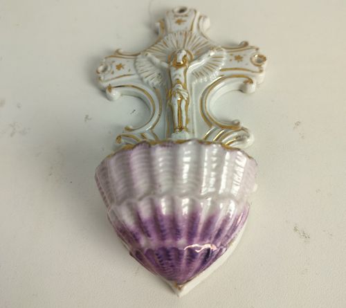 Sweet Antique Holy Water Font Bisque Porcelain Crucifixion Wall Hanging Christia