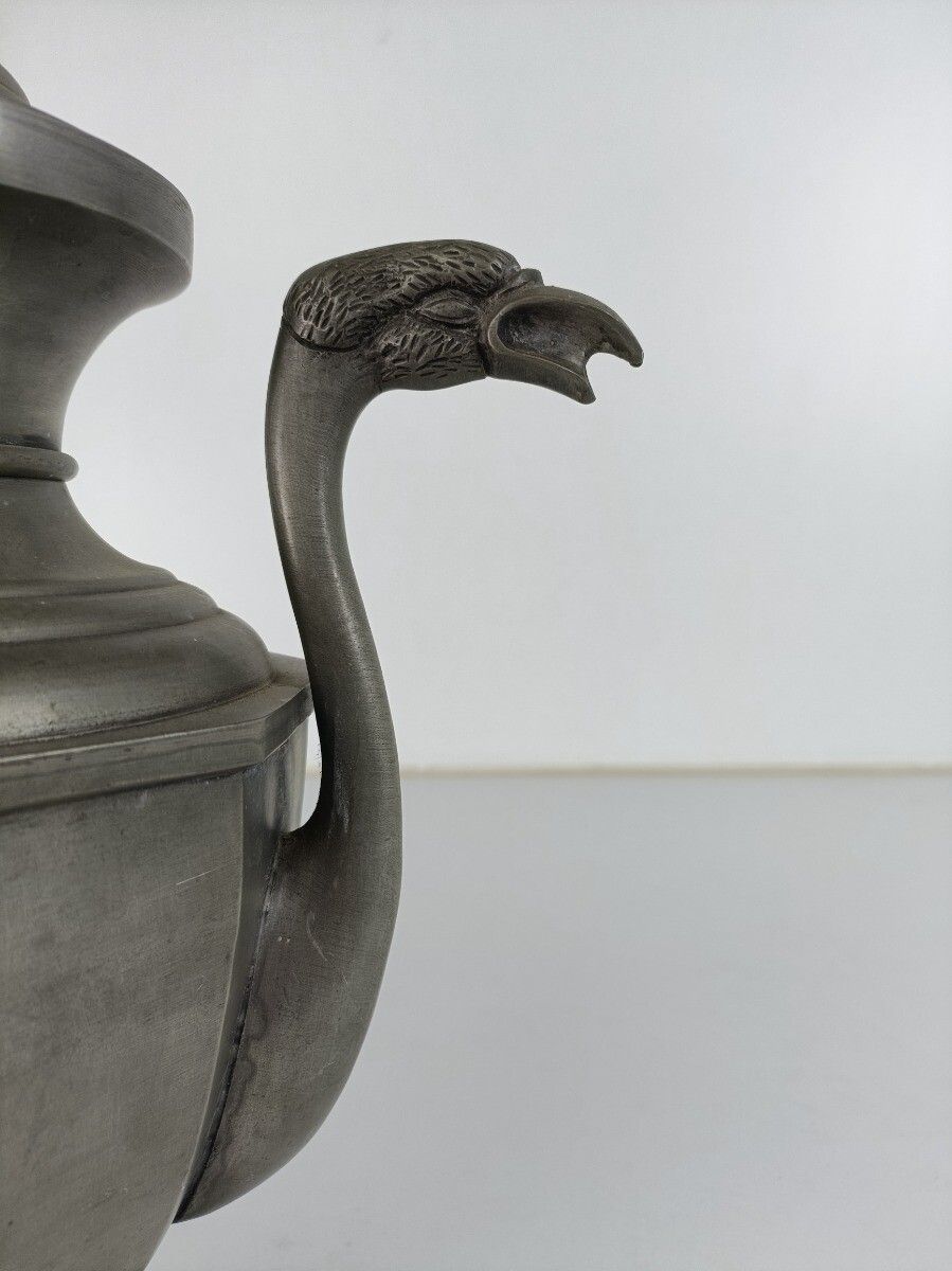 Antique Art Nouveau Spelter Gothic Ewer Pitcher Dragon Wooden Handle photo vintage