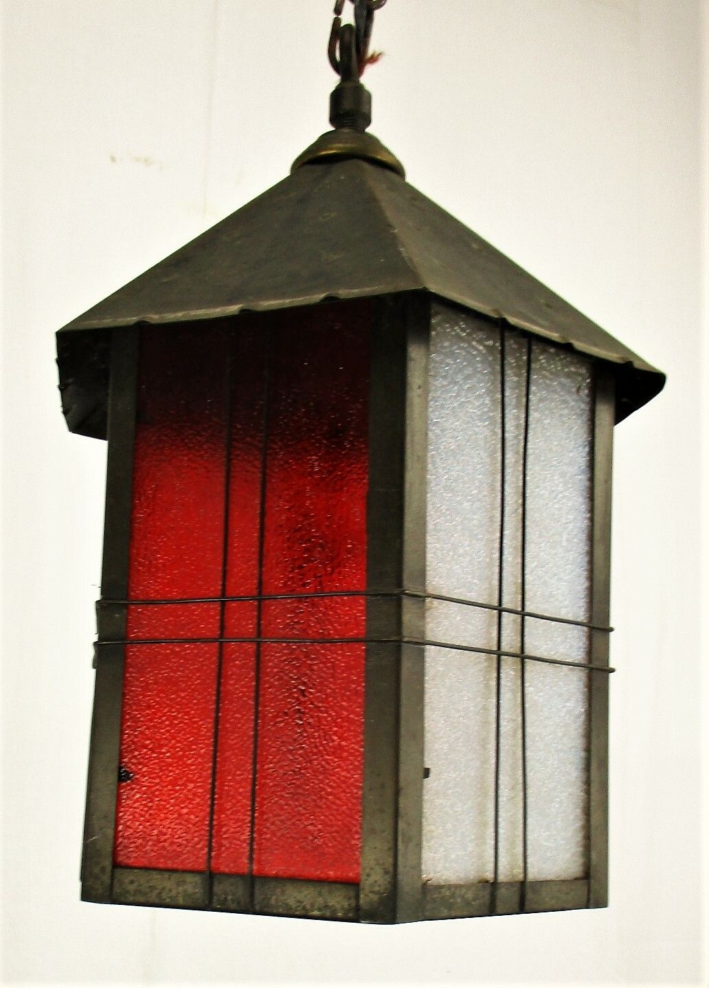 Art Deco French Lantern Pendant Chandelier Iron Bubbled Colored Glass Htf photo 204.0